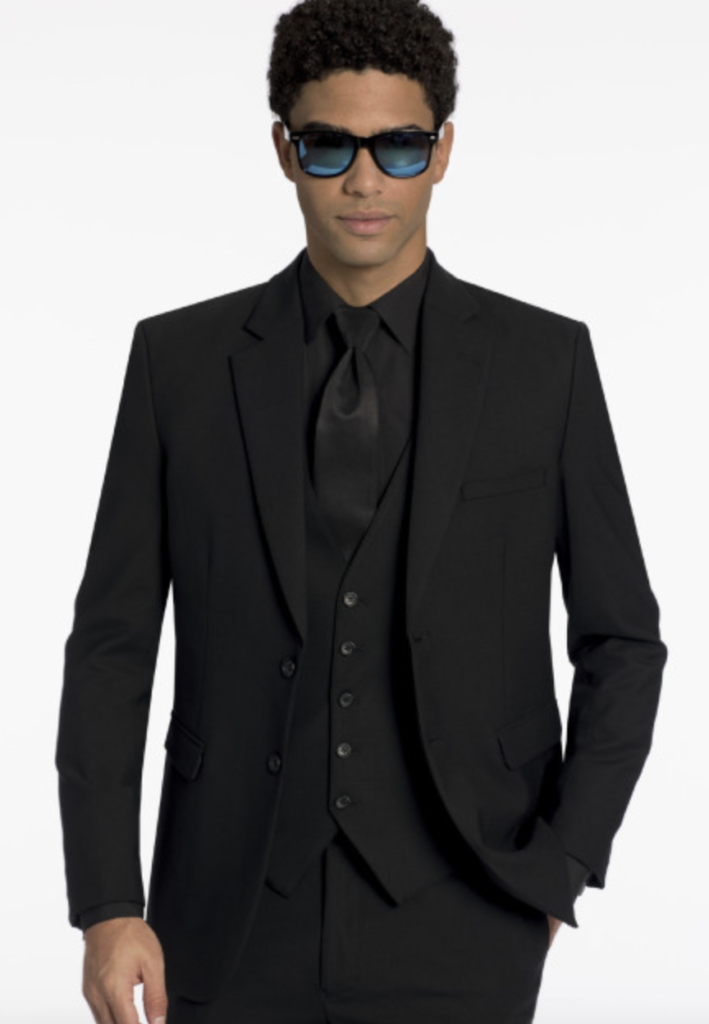Three piece black mens suit, black dress shirt, black satin long tie, men's fall wedding attire